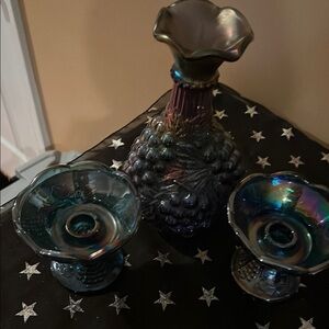 Iridescent Blue Glass Vase and Candle Holders Set